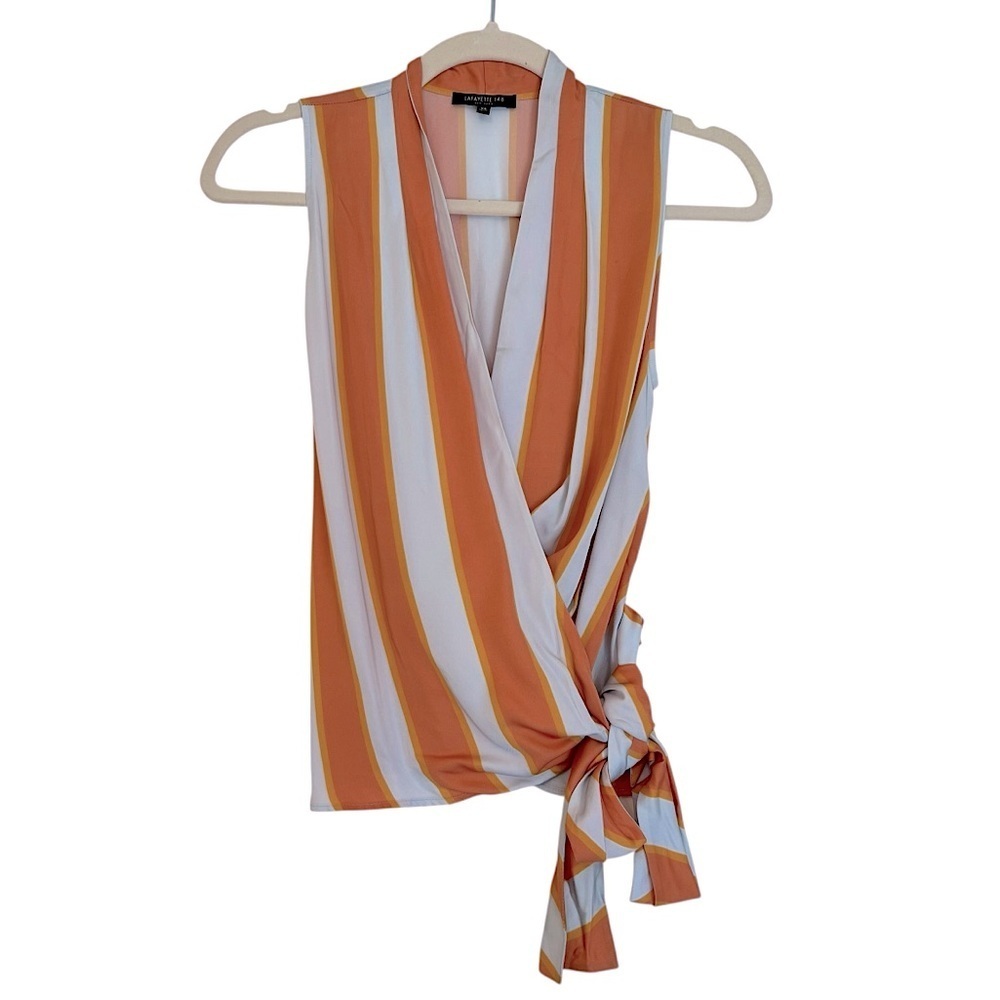 Lafayette 148 New York Wrap Front Sleeveless Blouse Orange Blue XS Contemporary